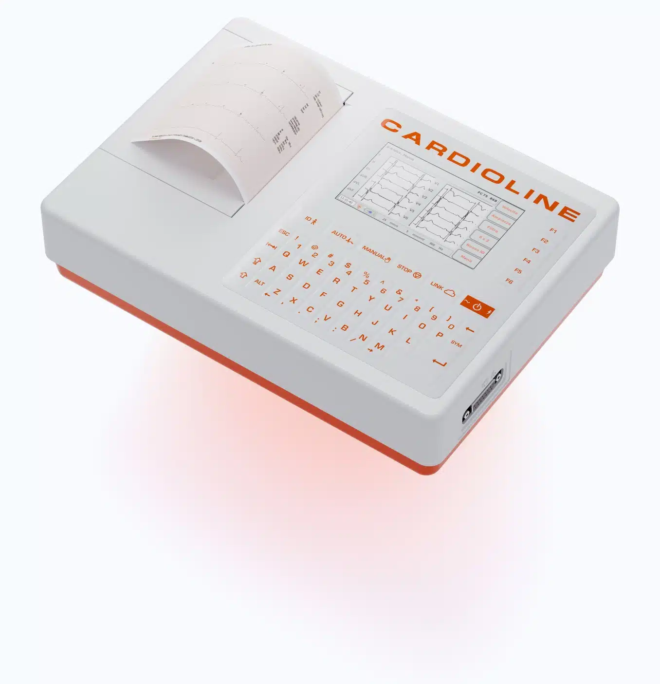 Cardioline ECG100S/ECG100+ aanzicht schuin van voren, 12 kanaals ecg met thermische printer