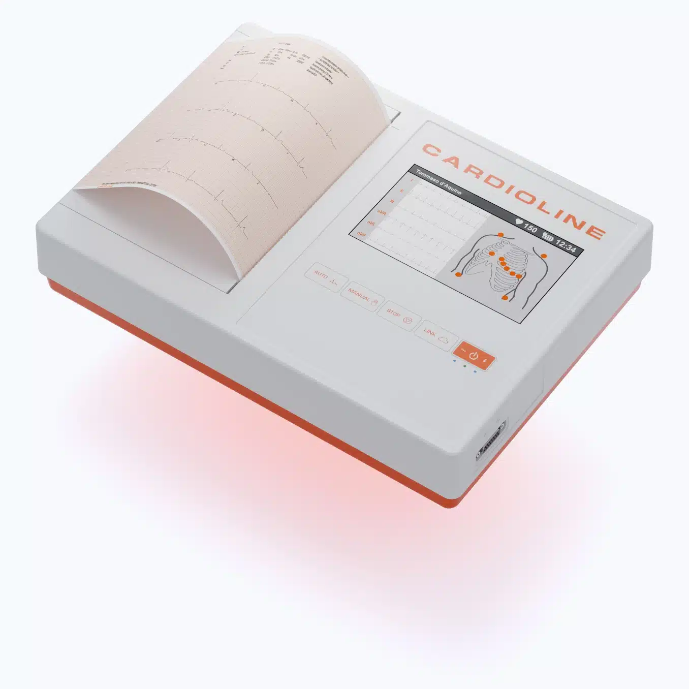 Cardioline ECG200L aanzicht schuin van voren 12 kanaals ecg, rust ecg, met touchscreen.