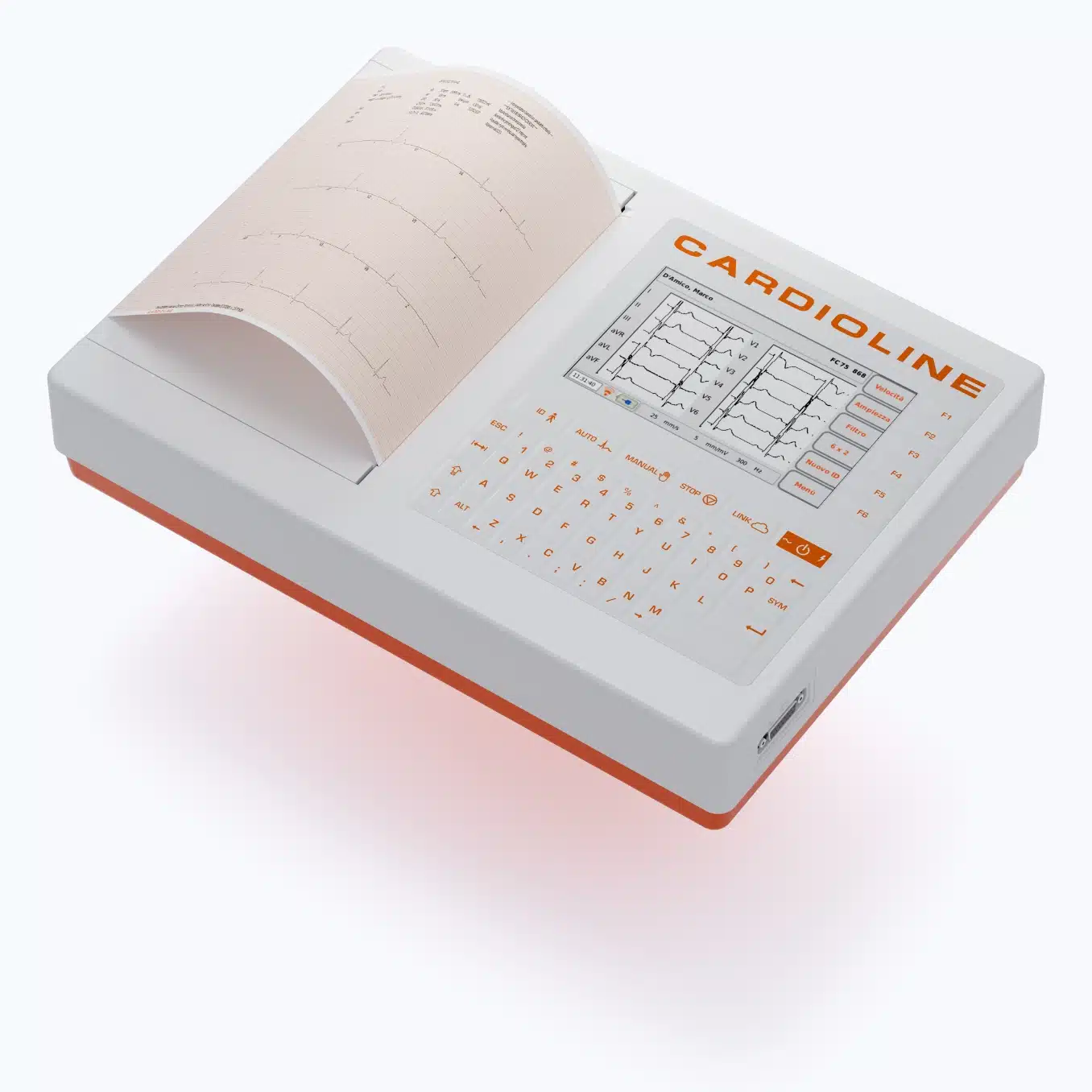 Cardioline ECG200S/ECG200+ aanzicht schuin van voren, 12 kanaals rust ecg met A4 printer