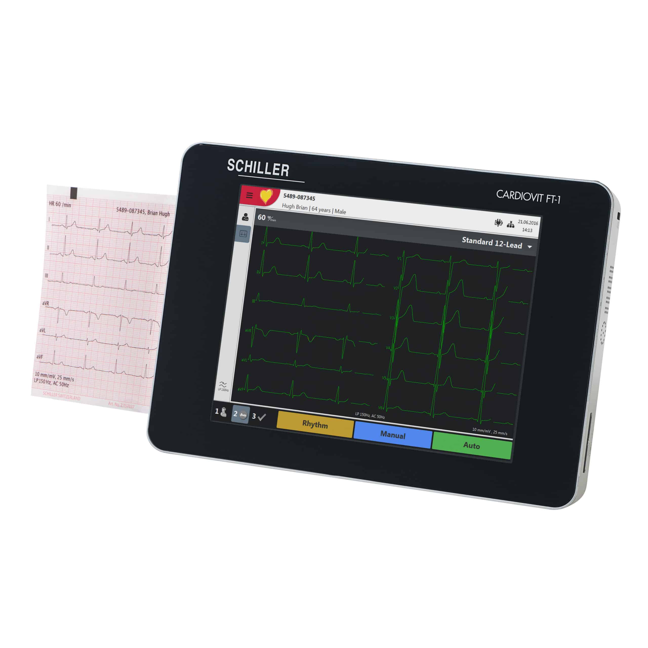 Schiller Cardiovit FT-1 vooraanzicht met printer en touchscreen, rust ecg, 12 leads